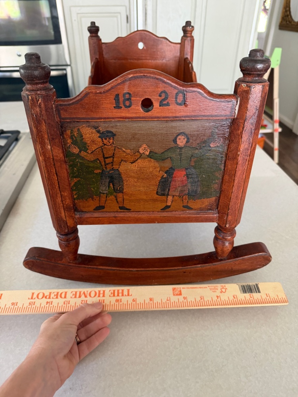 Antique Handcarved Wooden Rocking Cradle with Hand-Painted Couple - Picture 6 of 11